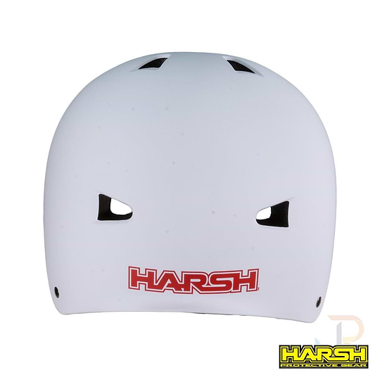 The Harsh ABS Skate/Scooter Helmet in white, ideal for scooter riding, features dual rectangular vents at the front and displays the "HARSH" brand name in red lettering, providing high impact absorbing protection.