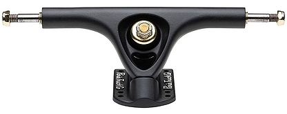 A front view of a black skateboard truck highlights its durability, featuring a central bolt and gold-colored hardware. The Paris brand name is prominently displayed on the baseplate of the Paris V3 Matt Black Longboard Trucks (Pair) - 180mm, showcasing both strength and style.