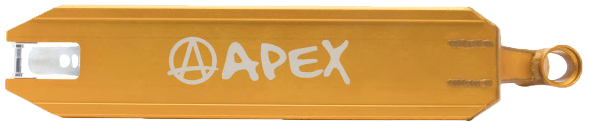 The Apex Pro Gold Stunt Scooter Deck - 4.5" x 19.3", featuring a sleek design with a white logo and a cutout near the rear end, exemplifies Australian craftsmanship and robust durability, making it ideal for mastering the most challenging tricks.