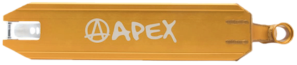 The Apex Pro Gold Stunt Scooter Deck - 4.5" x 19.3", featuring a sleek design with a white logo and a cutout near the rear end, exemplifies Australian craftsmanship and robust durability, making it ideal for mastering the most challenging tricks.
