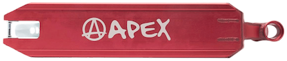 The Apex Pro Red Stunt Scooter Deck, sized at 4.5" x 20.1", showcases a sleek design with a crisp white logo. Regarded as the world's best scooter deck and proudly made in Australia, it features an elegant cutout section and rounded edge with an attached ring for enhanced performance.