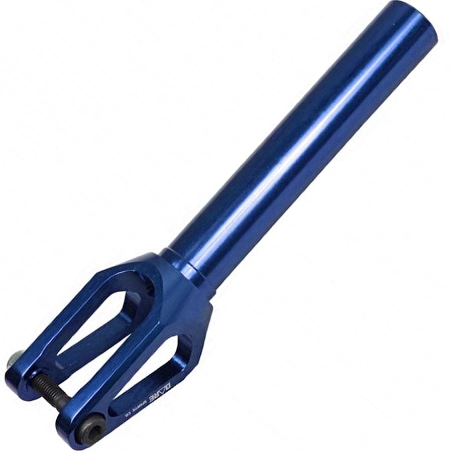 The Dare Dimension SCS/HIC Stunt Scooter Forks, crafted by Dare, features a cylindrical tube with a two-pronged base and bolt holes, and is engineered from CNC machined aluminum in blue, designed for compatibility with SCS and HIC compression systems.