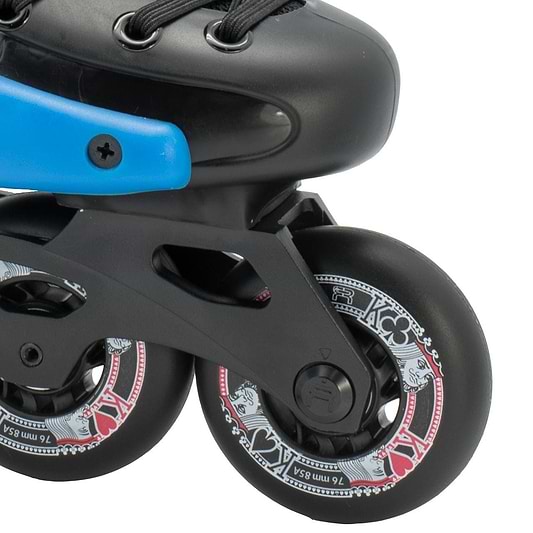 Close-up of a pair of FR Skates Junior Adjustable Inline Skates - Black, featuring black polyurethane wheels with a red and white design. The frame is black with a blue accent, showing part of the boot and laces above.