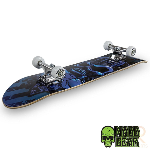 The Madd Gear MGP Pro Series Hatter Blue / Black Complete Skateboard measuring 8" x 31" is depicted from an angled side view. It features a sturdy 9 Ply maple deck, silver trucks, white wheels with ABEC 3 bearings, and prominently displays the Madd Gear PRO Skateboards logo with a green skull in the bottom right corner.