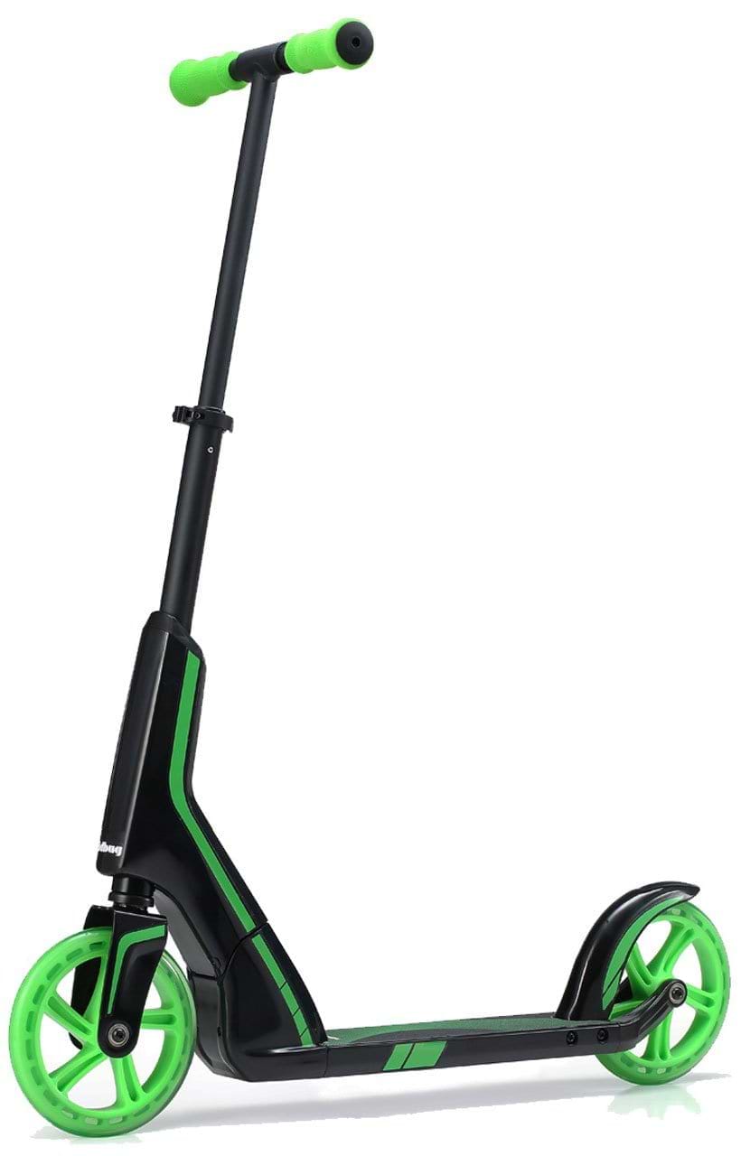 The JD Bug Pro Commute 185 Foldable Scooter in Black/Green features vibrant green wheels and handlebar grips. Known for its sleek, streamlined frame, ergonomic design with an adjustable handlebar, and dual bearing system, it's ideal for outdoor adventures.
