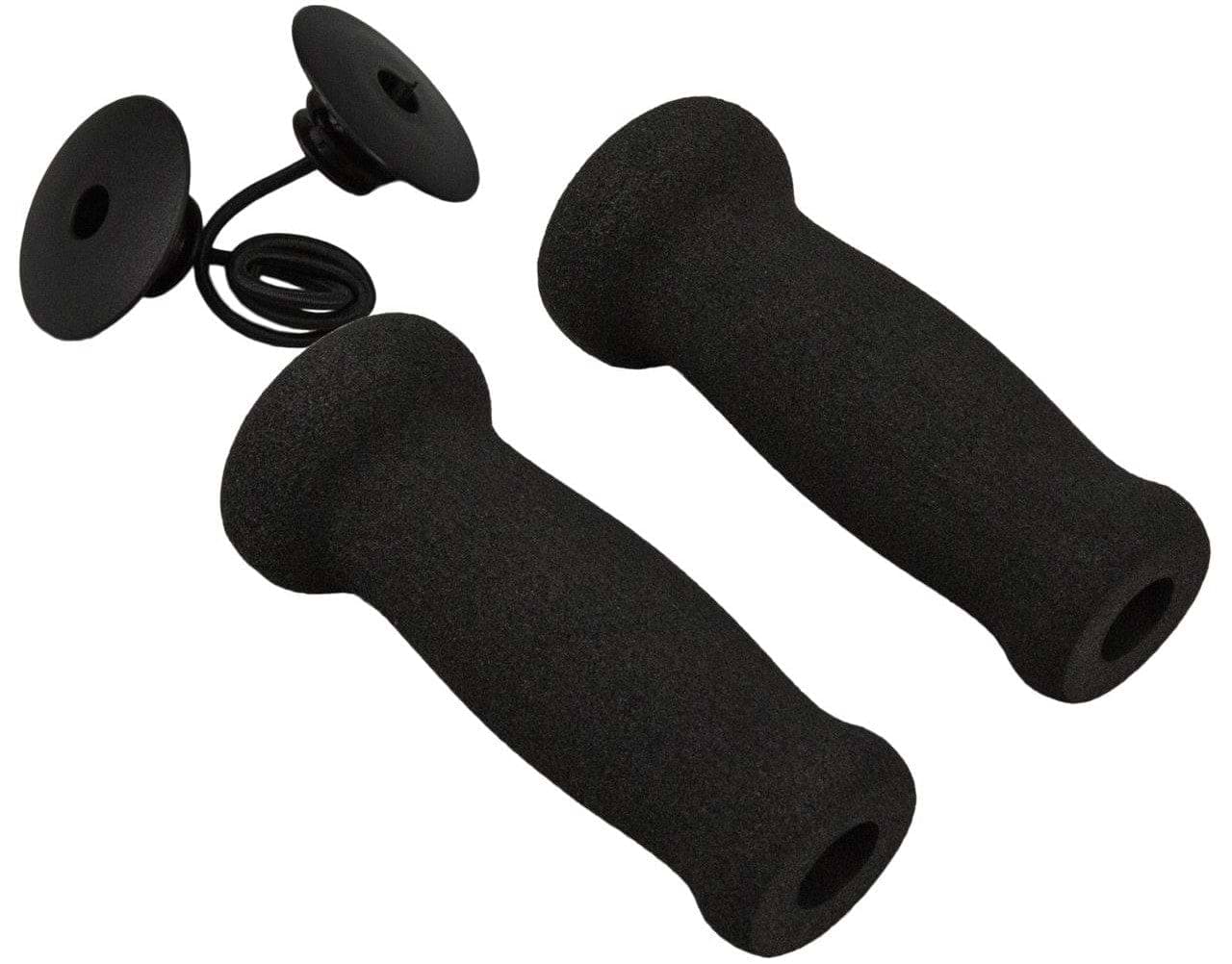 The JD Bug Original Street Foam Scooter Grips in black include two cylindrical handlebar grips and two disc-shaped end plugs with a coiled wire, designed for easy insertion. These are perfect for enhancing the comfort of your scooter rides.