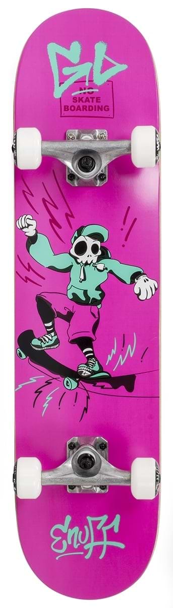 Introducing the Enuff Skully Pink Complete Skateboard - 7.75" x 31.5": a striking skateboard featuring a pink background with a cartoon skeleton in a hoodie performing cool tricks. Perfect for beginners, this entry-level skateboard offers high-quality components, white wheels, and bold, edgy graphics from the brand Enuff.