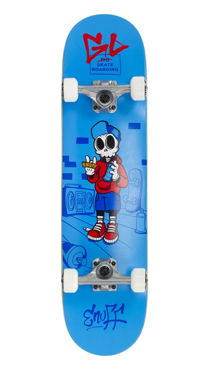 The Enuff Skully Blue Mini Complete Skateboard - 7.25" x 29.5" is equipped with Enuff Decade trucks, showcasing a blue deck and white wheels. It highlights a cartoon character donning a red hoodie, blue baseball cap, and sunglasses, holding a spray paint can against a backdrop of vibrant graffiti-style artwork.