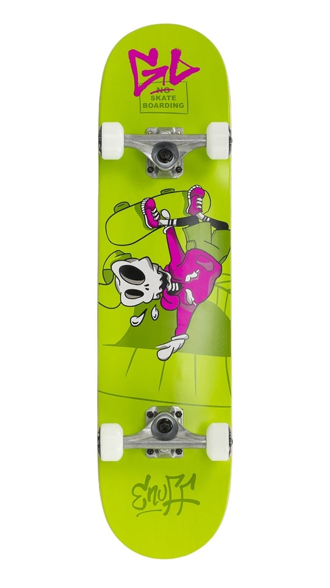 The Enuff Skully Green Mini Complete Skateboard - 7.25" x 29.5" boasts a striking lime green design, highlighted by a cartoon dog in pink doing a handstand. Ideal for beginners, this skateboard includes premium components such as white wheels and branding from Enuff and GL Skateboarding.