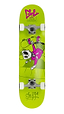 The Enuff Skully Green Mini Complete Skateboard - 7.25" x 29.5" boasts a striking lime green design, highlighted by a cartoon dog in pink doing a handstand. Ideal for beginners, this skateboard includes premium components such as white wheels and branding from Enuff and GL Skateboarding.