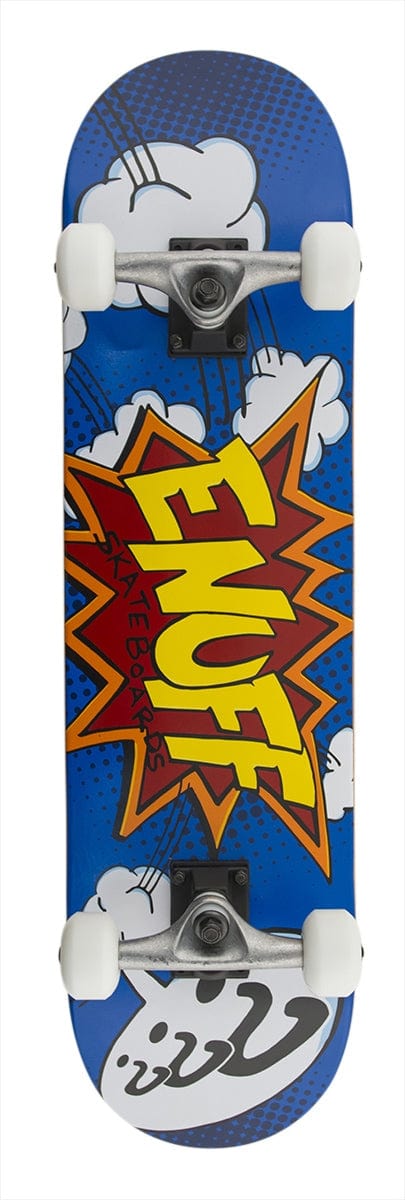 The Enuff POW Blue Complete Skateboard - 7.75" x 31.5" showcases a blue, comic-style design adorned with white clouds and a striking yellow and red explosion graphic. Built with a 7-ply maple deck and designed for beginners, it prominently features the "ENUFF" logo at the center, complemented by white wheels and Enuff Decade trucks for an outstanding ride.