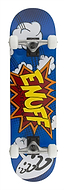 The Enuff POW Blue Complete Skateboard - 7.75" x 31.5" showcases a blue, comic-style design adorned with white clouds and a striking yellow and red explosion graphic. Built with a 7-ply maple deck and designed for beginners, it prominently features the "ENUFF" logo at the center, complemented by white wheels and Enuff Decade trucks for an outstanding ride.