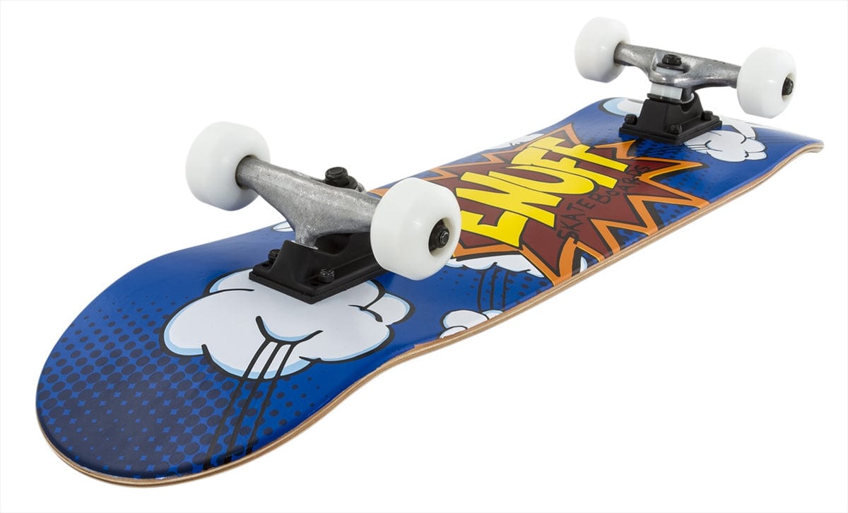 The Enuff POW Blue Complete Skateboard, measuring 7.75" x 31.5", is ideal for entry-level riders. It features a 7-ply maple deck with a blue comic-style design that includes clouds and boldly displays "ENUFF" in vibrant yellow and orange text. This skateboard is equipped with white wheels and the reliable Enuff Decade trucks, offering both style and dependability for any ride.