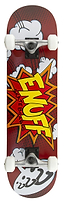 Introducing the Enuff POW Red Complete Skateboard, featuring a 7.75" x 31.5" red maple deck adorned with a vibrant comic-style graphic. The design prominently displays the word "ENUFF" in bold yellow letters with a burst effect, set against a backdrop of white clouds and abstract patterns. Equipped with white wheels mounted on silver Enuff Decade trucks, this skateboard is both stylish and reliable.