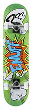 Introducing the Enuff POW Green Mini Complete Skateboard, measuring 7.25" x 29.5". This lively skateboard features a durable 7-ply maple deck in vibrant green with white wheels and striking pop art graphics. The bold comic-style text "LOVE" is displayed against an orange burst with cloud shapes. Ideal for beginners, it includes Enuff Decade trucks and has "SKATEBOARD" printed vertically along the side.