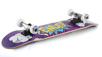 The Enuff POW Purple Mini Complete Skateboard, measuring 7.25" x 29.5", features a vibrant comic-style design with the word "ENUFF" in bold yellow letters. This beginner-friendly skateboard includes a sturdy maple deck, 54mm white wheels, silver trucks, and is decorated with cartoon cloud graphics in the background.