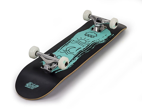 The Enuff Icon Green Complete Skateboard - 7.75" x 31.5" by Enuff showcases a black deck adorned with an eye-catching turquoise graphic design. Enhanced with pastel colors, it is equipped with ABEC 7 bearings for a smooth ride, featuring white wheels and silver trucks. Positioned at an angle against a white background, it stands ready to roll.