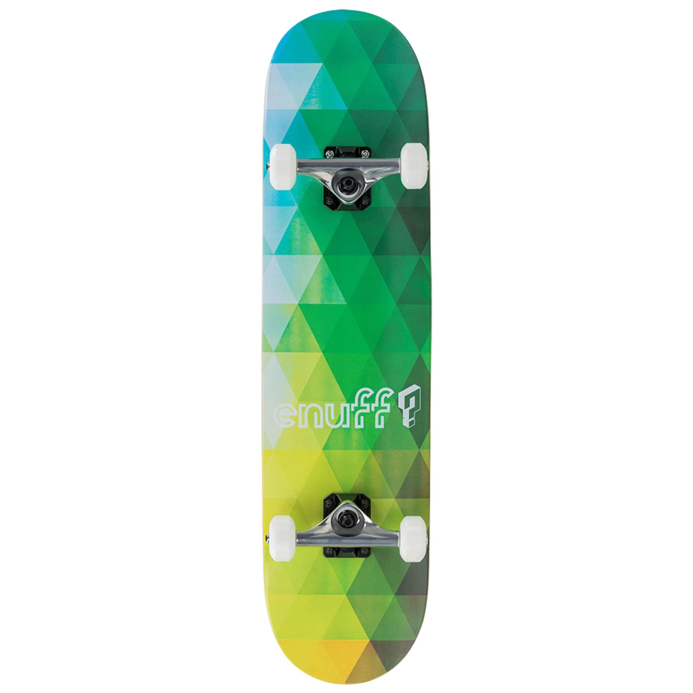 The Enuff Geometric Green Complete Skateboard - 8" x 32" showcases a vibrant pattern in green, blue, and yellow hues. Constructed with a Canadian maple deck, it includes white wheels and ABEC 7 bearings. The board is adorned with the brand name "Enuff" elegantly printed in white on the deck for a classic look.