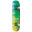 The Enuff Geometric Green Complete Skateboard - 8" x 32" showcases a vibrant pattern in green, blue, and yellow hues. Constructed with a Canadian maple deck, it includes white wheels and ABEC 7 bearings. The board is adorned with the brand name "Enuff" elegantly printed in white on the deck for a classic look.