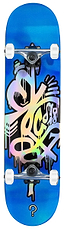 The Enuff Hologram Blue Complete Skateboard - 8" x 32" from Enuff showcases a vibrant blue Canadian maple deck with a colorful, abstract graffiti design. It includes ABEC 7 bearings for smooth rides and features bold shapes in yellow, pink, and purple. The skateboard is completed with white wheels and silver trucks, making it a striking choice.