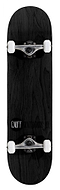 A black Enuff Logo Stain Complete Skateboard, made from Canadian Maple and measuring 8" x 32", viewed from above. It features a textured wood grain design on the deck with the Enuff logo printed in white. The skateboard is equipped with white wheels, metal trucks, and smooth ABEC 7 bearings for a superior ride.