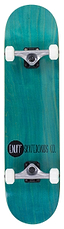 The Enuff Logo Stain Teal Complete Skateboard, measuring 8" x 32", features white wheels and metal trucks. Its Canadian maple deck highlights "ENUFF SKATEBOARDS CO." in black with a circular logo on the left, while the wood grain offers distinct texture. ABEC 7 bearings provide a smooth glide.