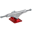 The Enuff Decade Pro Satin Red Skateboard Trucks, measuring 129mm, showcase a sleek silver truck complemented by a vibrant red baseplate, finished in satin for enhanced style and durability.