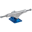 The Enuff Decade Pro Satin Blue Skateboard Trucks, measuring 129mm, boast a silver truck with a striking blue baseplate. These trucks feature a polished metal finish and visible bolts that contribute to a sleek aesthetic, while laser-etched logos on the hanger add an extra touch of style.
