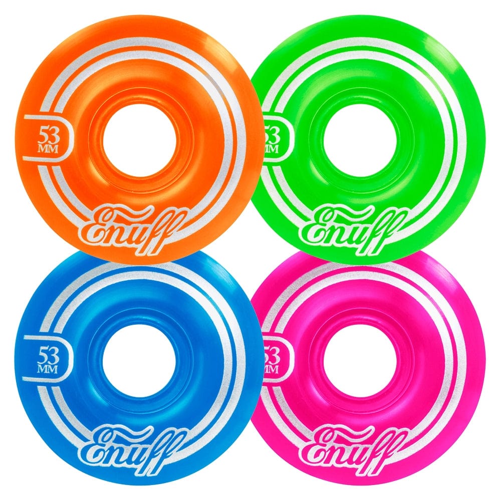 A set of four colorful skateboard wheels, called the Enuff Refresher II 53mm Skateboard Wheels - Disco, each feature the brand "Enuff" and measure 53mm. The orange, green, blue, and pink wheels are displayed in a 2x2 layout. They have white stripes, a shiny finish, and are crafted with a durable 55D formula for improved performance.