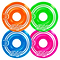A set of four colorful skateboard wheels, called the Enuff Refresher II 53mm Skateboard Wheels - Disco, each feature the brand "Enuff" and measure 53mm. The orange, green, blue, and pink wheels are displayed in a 2x2 layout. They have white stripes, a shiny finish, and are crafted with a durable 55D formula for improved performance.