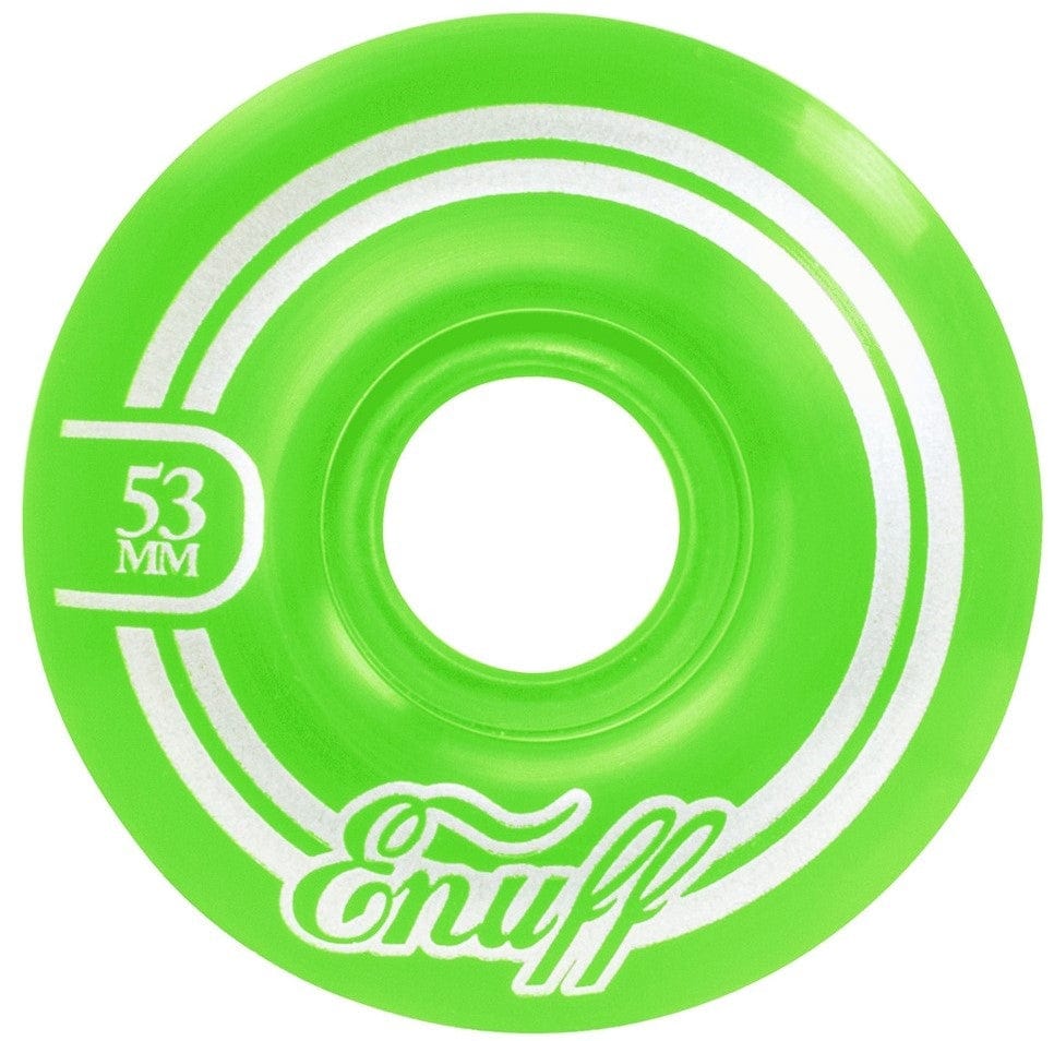 A vivid green skateboard wheel adorned with white stripes, showcasing the "53 MM" and "Enuff" branding in white lettering, designed with the 55D Formula for improved performance. This is the Enuff Refresher II 53mm Skateboard Wheel.