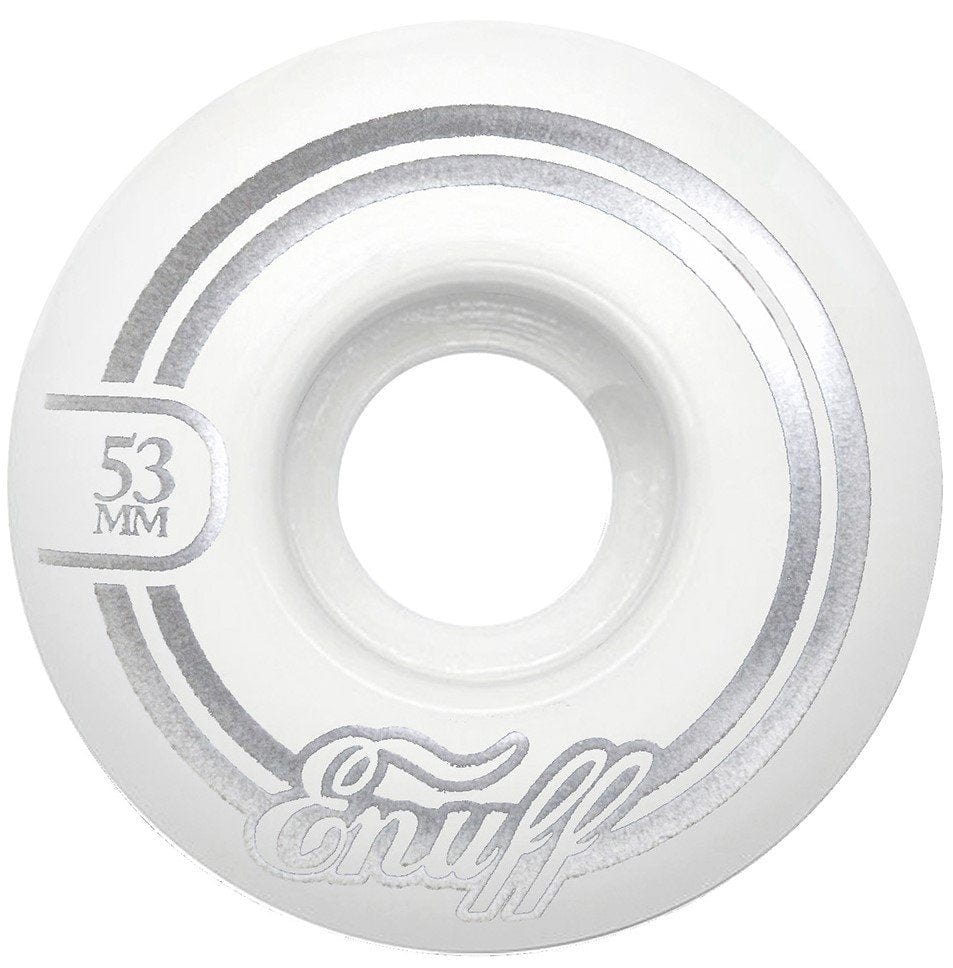 A white Enuff Refresher II 53mm skateboard wheel adorned with silver details and the brand "Enuff" inscribed on it. Designed with a 55D formula, it offers a simple yet functional aesthetic.