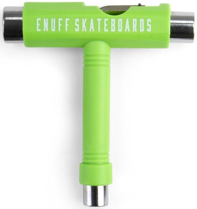 The Enuff Essential Skateboard Multi T-Tool in green is a portable skateboard accessory with "Enuff" branding. This versatile, T-shaped tool includes multiple sockets for effortless skateboard component adjustments.