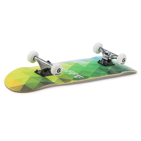The Enuff Geometric Green Complete Skateboard, measuring 8" x 32", showcases a bold green and yellow design on a Canadian maple deck. It is equipped with ABEC 7 bearings, features white wheels and silver trucks, and is attractively presented on a white background.