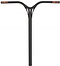 The Ethic DTC Almasty V2 62 Steel Oversized HIC Stunt Scooter Bars in black showcase a Y-shaped design with a straight central stem, expertly crafted from durable Chromoly Steel. Compatible with HIC systems, these bars feature eye-catching red and orange branding accents at the ends for a striking appearance.