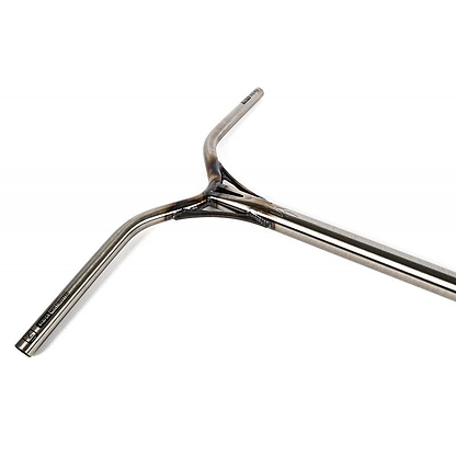 The Ethic DTC Almasty V2 62 Steel Oversized HIC Stunt Scooter Bars feature a Y-shaped design made from robust chromoly steel and come in a raw finish. Equipped with two grips on each side and a central stem that extends downward, these bars are an excellent choice for upgrading your stunt scooter setup against a simple white background.
