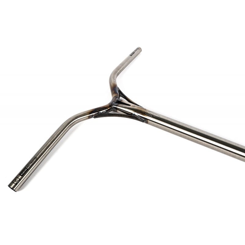 The Ethic DTC Almasty V2 67 stunt scooter bars, made from durable Chromoly Steel, showcase a raw, metallic look with a Y-shape design featuring ergonomic bends for gripping. They are elegantly displayed on a white background.