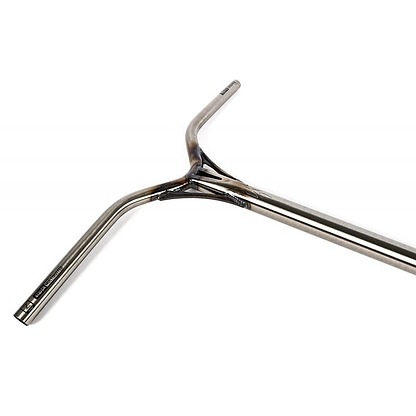 The Ethic DTC Almasty V2 67 stunt scooter bars, made from durable Chromoly Steel, showcase a raw, metallic look with a Y-shape design featuring ergonomic bends for gripping. They are elegantly displayed on a white background.