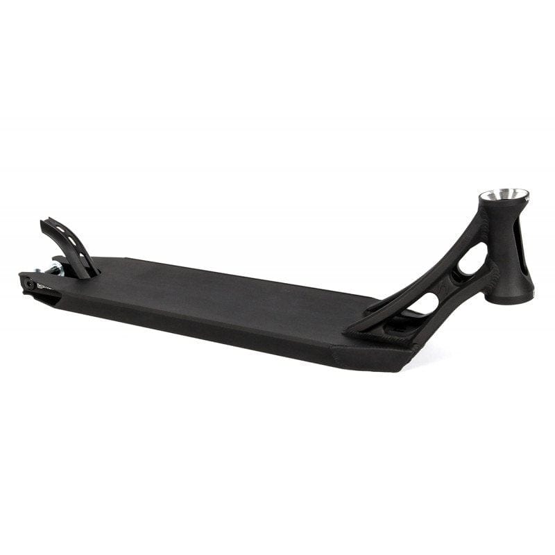 The Ethic DTC Vulcain 12 STD Black Stunt Scooter Deck, measuring 5.1" x 20.9", features a stylish black design with cutout details and a head tube for the front wheel. Its rear end is equipped with an integrated brake, making its metal construction ideal for skatepark excursions, while the 12 STD bearing system ensures smooth rides.
