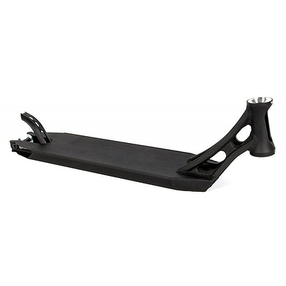 The Ethic DTC Vulcain 12 STD Black Stunt Scooter Deck, measuring 5.1" x 20.9", features a stylish black design with cutout details and a head tube for the front wheel. Its rear end is equipped with an integrated brake, making its metal construction ideal for skatepark excursions, while the 12 STD bearing system ensures smooth rides.