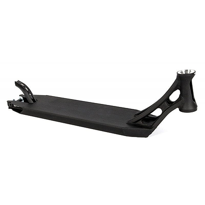 The Ethic DTC Vulcain 12 STD Black Stunt Scooter Deck, measuring 5.1" x 22", showcases a sleek black design with distinctive hollow cutouts near the front tube. It features a flat standing platform, a rear wheel brake, and includes the advanced 12 STD bearing system. The image displays a side view against a plain white background.