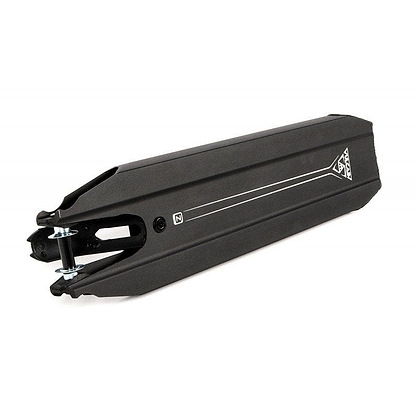 The battery for the black electric bike, echoing the elegant design of the Ethic DTC Vulcain 12 STD Black Stunt Scooter Deck, is adorned with a white line and logo. It features metallic connectors at the end for attachment, and it sits gracefully on a plain white surface.