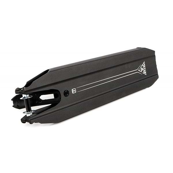 A black bicycle fender with a sleek, angular design reminiscent of the Ethic DTC Vulcain, featuring a white line and a small logo on the side. Made from durable materials perfect for mountain bikes, it reflects the precision found in Ethic's stunt scooter decks, like the 12 STD Variant against a white backdrop.