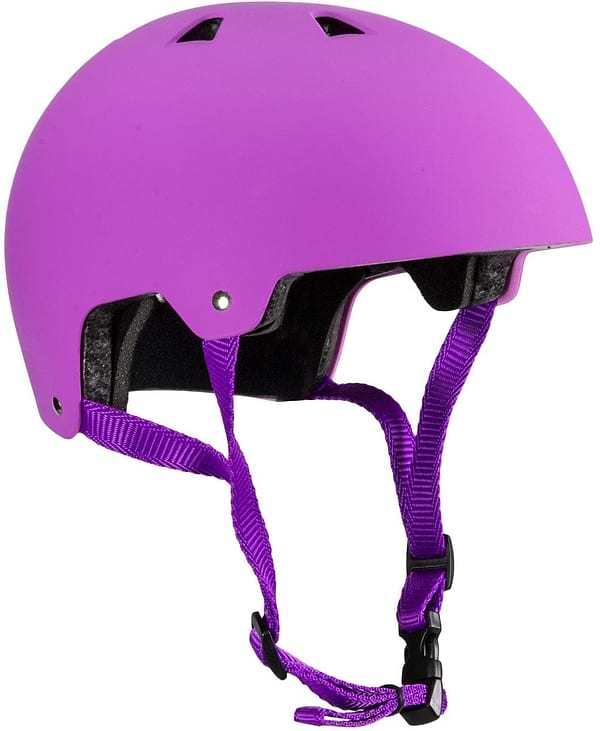 Introducing the Harsh ABS Skate/Scooter Helmet in pink, a stylish design with a smooth, matte finish. This helmet features ventilation holes on the top and adjustable pink straps with a black buckle. It includes an EPS foam liner for enhanced safety during every ride.