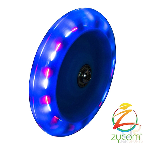 A pink circular Zycom 125mm light-up front scooter wheel featuring LEDs around the edge that create a glowing effect, with the Zycom logo positioned in the bottom right corner.