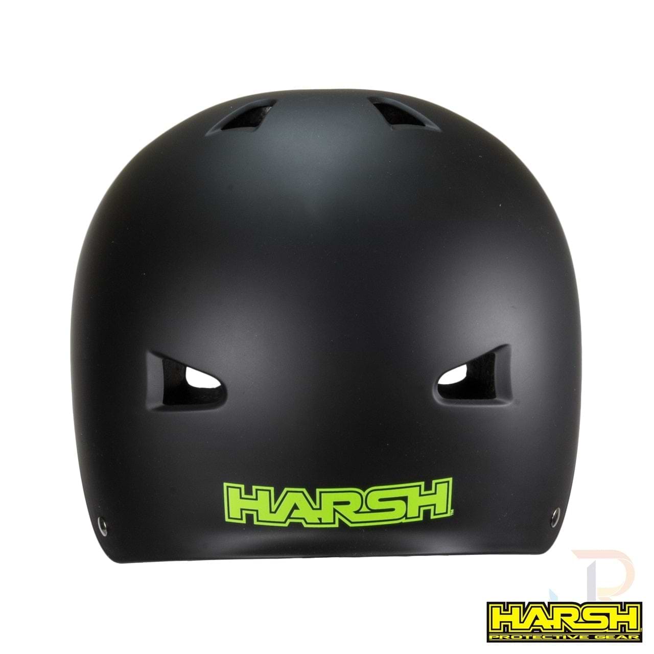 Introducing the Harsh ABS Skate/Scooter Helmet in matte black, featuring green "Harsh" branding on the front. Designed specifically for scooter riding, this helmet includes ventilation holes and is equipped with high-impact absorbing technology to ensure enhanced safety.
