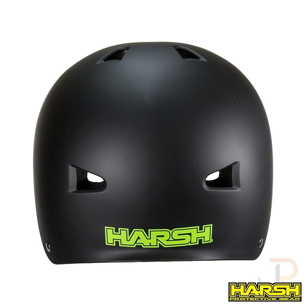 Introducing the Harsh ABS Skate/Scooter Helmet in matte black, featuring green "Harsh" branding on the front. Designed specifically for scooter riding, this helmet includes ventilation holes and is equipped with high-impact absorbing technology to ensure enhanced safety.