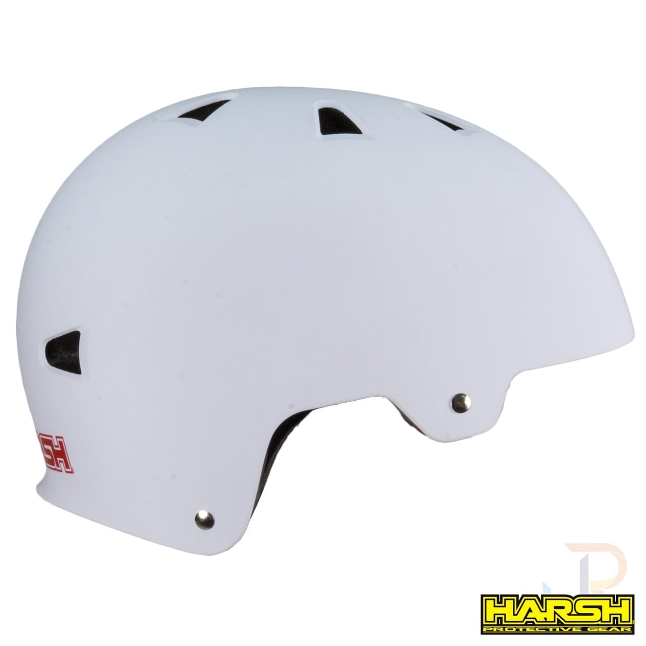 A Harsh white ABS skate and scooter helmet, featuring ventilation slits and adorned with a red logo, is set against a plain white background.