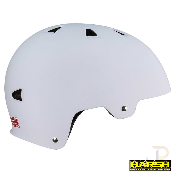 A Harsh white ABS skate and scooter helmet, featuring ventilation slits and adorned with a red logo, is set against a plain white background.