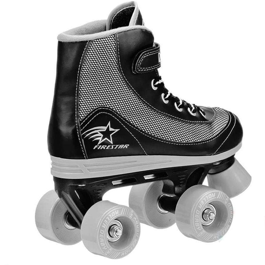The Roller Derby Firestar V2 Quad Roller Skates in black and grey boast a four-wheel design with white stitching accents and star detailing. These skates feature a sports shoe-inspired look with black soles, laces, and light gray wheels.